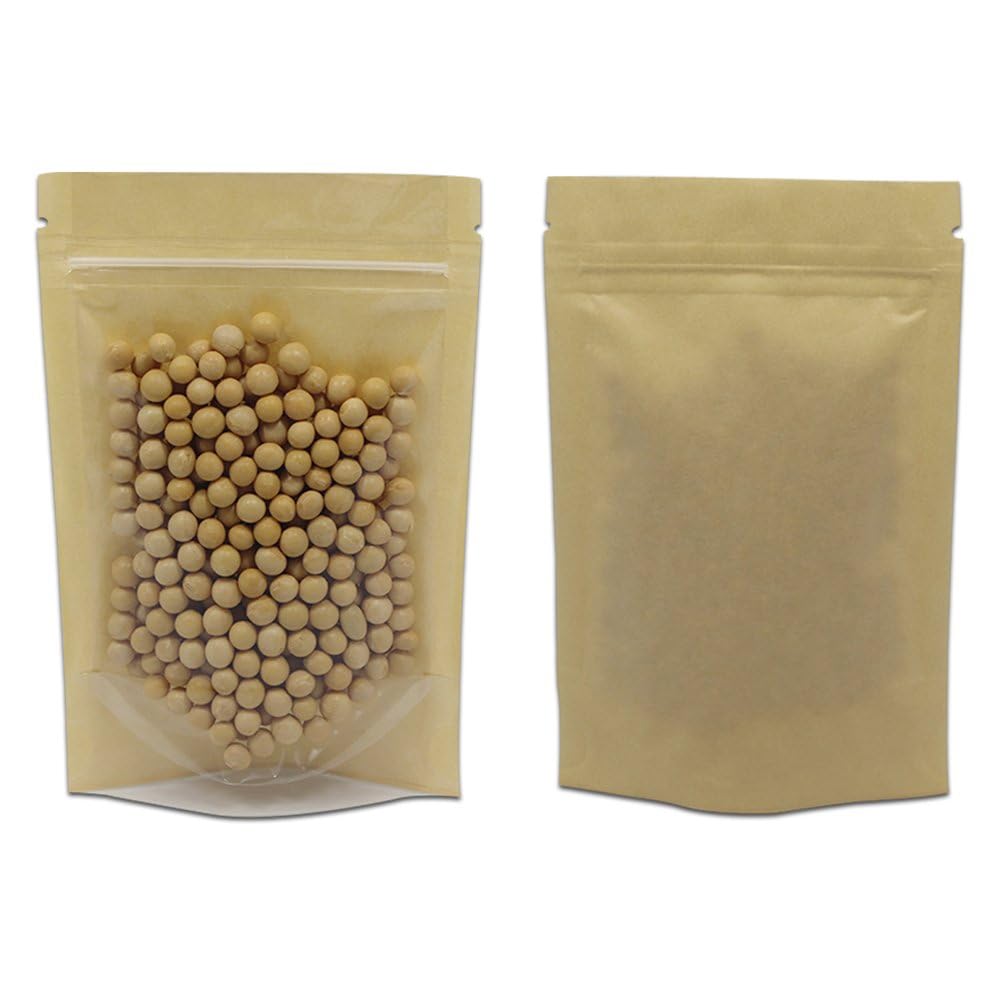 PABCK Clear Front Stand Up Airtight Brown Kraft Paper for Zip Food Storage Lock Bags Reclosable Seal Closure Zipper Resealable Heat Seal Pouch Coffee Snack Packaging (200, 4.7x7.9inch (12x20cm))