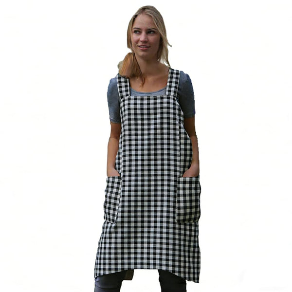 Women's Pinafore Square Apron Baking Cooking Gardening Works Cross Back Cotton/Linen Blend Dress with 2 Pockets