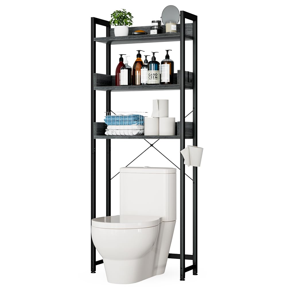 OTK Over-The-Toilet Storage, 3 Tier Bathroom Organizer Shelf, Freestanding Space Saver with Toilet Paper Holder, Multifunctional Over The Toilet Rack, Dark Grey