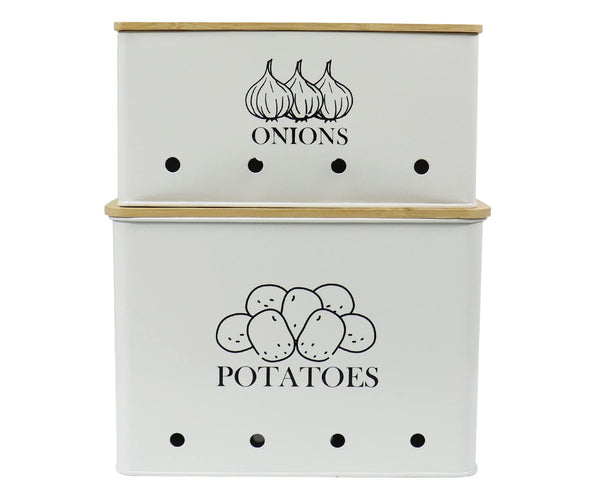 Set of 2 Potao and Onion Storage, Metal Onion Bin Potato Box with Wooden Lid & Aerating Holes, Farmhouse Kitchen Vegetable Storage Tins for Potatoes and Onions, Long Shelf Life (White)