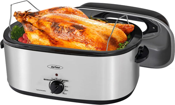 Sunvivi 22 Quart Electric Roaster Oven Turkey Roaster with Lid Electric Roasters with Removable Pan Large Roaster,Visible & Self-basting Lid, Fast Heating & Thaw/warming Setting,Black