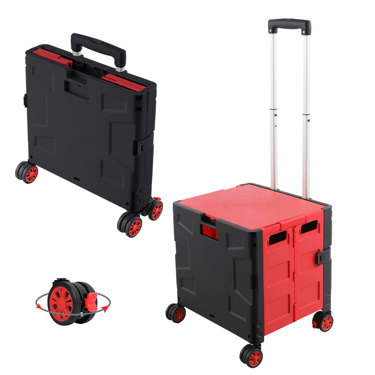 Folding Utility Cart Portable Rolling Crate Handcart with Magnetic Sliding Lid Telescoping Handle Heavy Duty Plastic Box Dolly 360°Swivel Wheels for Travel Shopping Move Office Teacher Use(Green Pro)