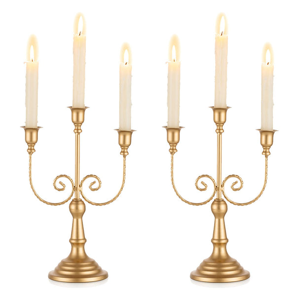 Romadedi Candelabra Gold Candle Holders - 3 Arm 11.8" Wedding Candlestick Holder for Theme Party Table Centrepiece Decor Dining Room Birthday Holiday Christmas, Set of 6