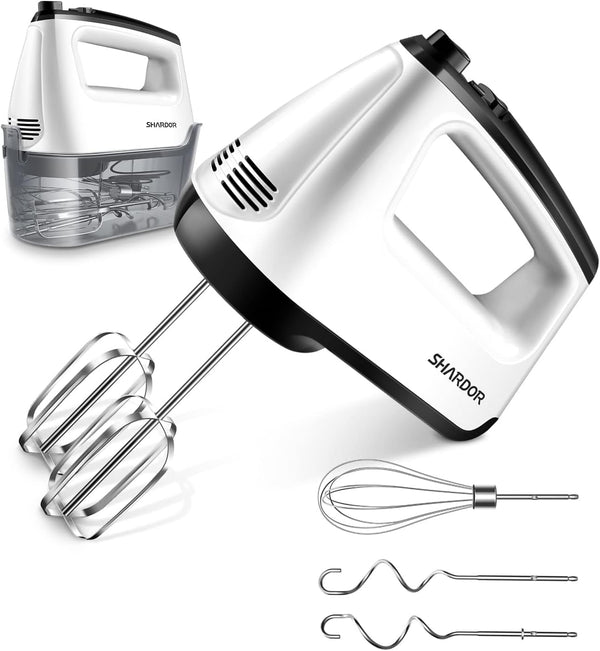 SHARDOR Hand Mixer Electric 6 Speed & Turbo Electric Mixer Handheld Snap-On Storage Case, 5 Stainless Steel Accessories Mixers for Baking, Whipping, Mixing Cookies, Brownie, Cakes Dough, Batters Beige