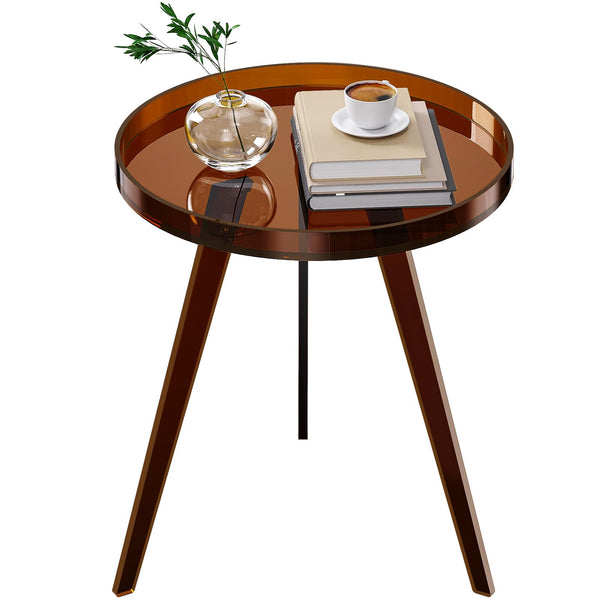 Clear Acrylic Side Table, Round End Table Nightstand Bedside Table Small Circle with Tray for Living Room Bedroom Office Small Space (Dark Brown)