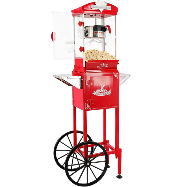 Popcorn Machine with Cart, Wheels & 10 Oz Kettle Popcorn Maker, Movie Theater Popcorn Maker Machine, Home Theater Popcorn Popper Measuring 3 Plastic Spoons