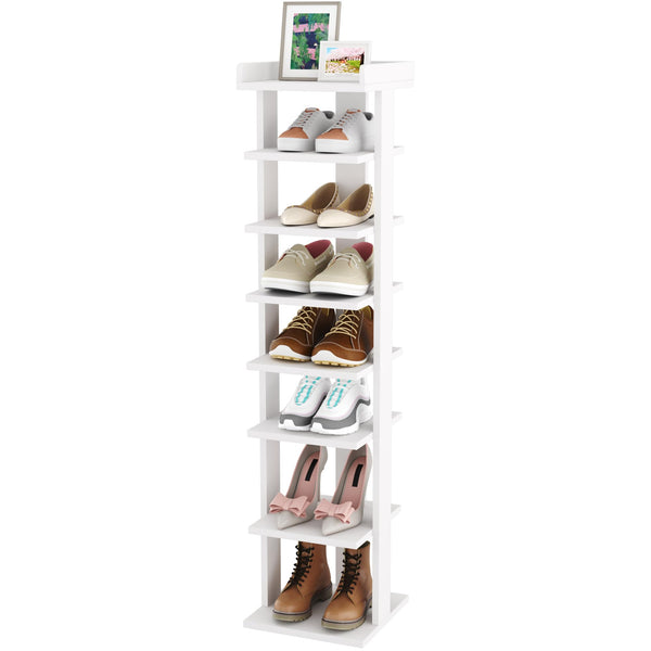HOMEFORT 7-Tier Shoe Rack, Entryway Shoe Tower,Vertical Shoe Organizer, Wooden Shoe Storage Stand (White)