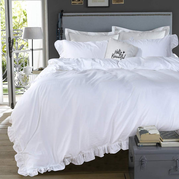 QSH Ruffle White Duvet Cover California King Size- Washed Cotton Shabby Farmhouse Chic Ruffled Bedding 3pcs(1 Soft Cotton Duvet Cover +2 Ruffle Pillowshams) Aesthetic French Country Calking Bed