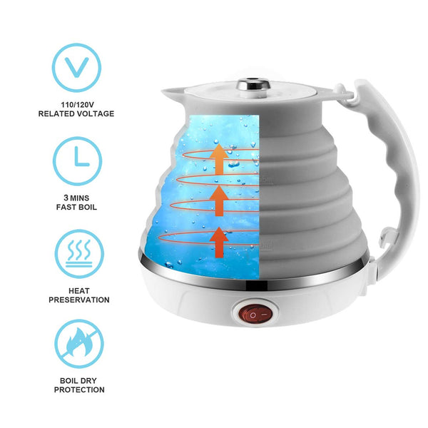 120V 555ML Ultrathin Travel Foldable Electric Kettle with Separable Power Cord and Handle, Boil Dry Protection, Food Grade Silicone