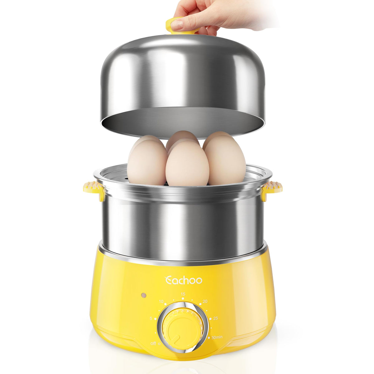Hard Boiled Egg Cooker - CACHOO 14-Egg Rapid Stainless Steel Egg Boiler with 30-Min Timer & Auto Shut Off, Compact Electric Vegetable Steamer for Cooking, Dishwasher Safe, Retro Yellow