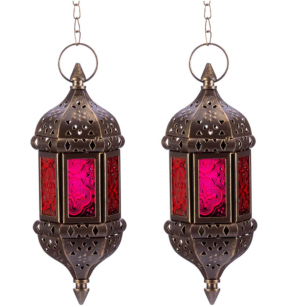 6 Pcs Hanging Hexagon Decorative Moroccan Candle Lantern Holders, Handmade Hanging Tea Light Holder in Bronze Metal & Red & Purple Glass Gift & Decor Items