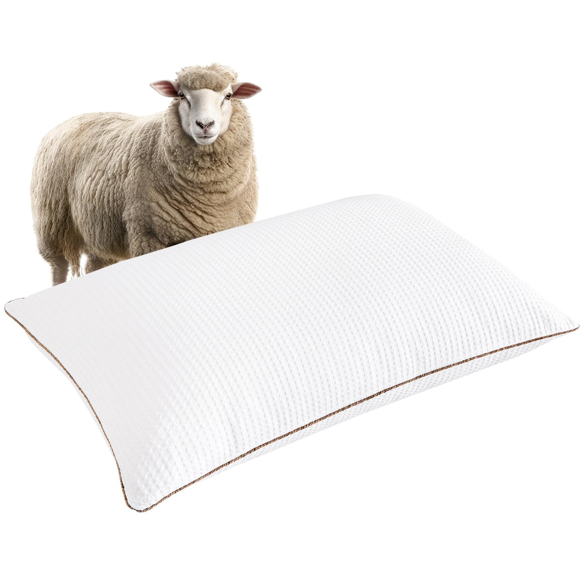 Organic Wool Pillow Queen Size Set of 2, Waffle Cotton Pillow Cover, Soft Support Pillow for Sleeping, Natural Australian Wool & Down Alternative Filling, Luxury Breathable Bed Pillows(White)