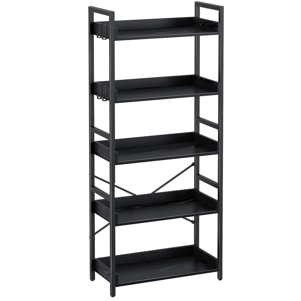 Rolanstar Bookshelf 4 Tier with 4 Hooks, Industrial Bookcase, Vintage Storage Rack with Open Shelves, Rustic Standing Bookshelves Metal Frame Display Rack for Living Room, Bedroom, White