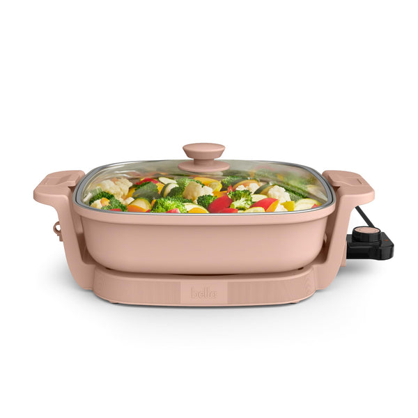 bella Make & Take Electric Skillet, Fits-anywhere™ kitchenware, EverGood™ Ceramic Coating, Adjustable Temperature & Dishwasher-Safe Tempered Glass Lid, Cast Aluminum Base, 1200 Watt, Seaglass