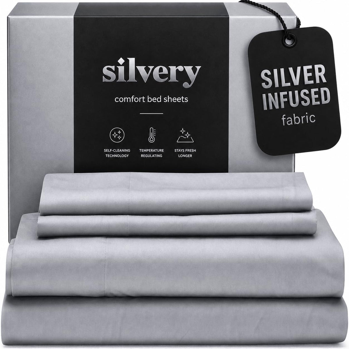 Silvery Silver Infused Bed Sheets Set - Ultra-Soft Temperature-Regulating Fabric with Self-Cleaning Technology™ that Stays Fresh 3X Longer for Hygienic Sleep