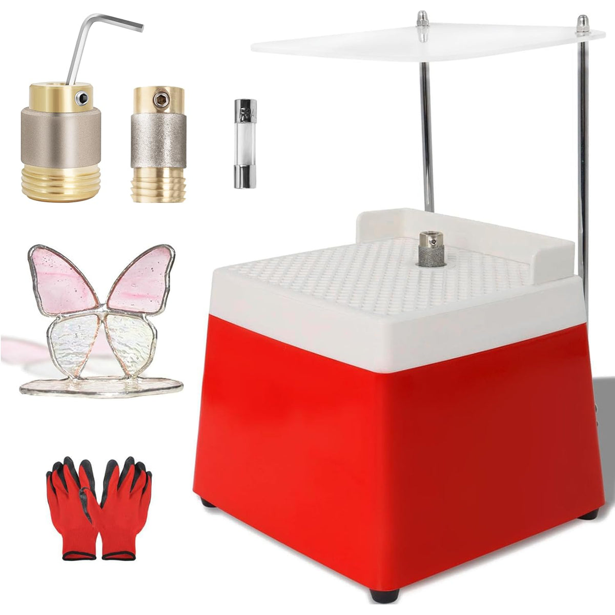 Podoy Stained Glass Grinders, 4200r/min Mini Power Industrial Glass Ceramics Grinding Kit with 5/8" & 1" Diamond Grinder Bit, Red 110V DIY Grinding Tool