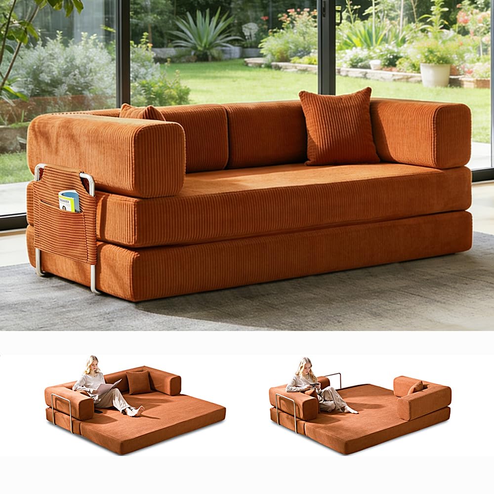 GEARIVY Folding Sofa Bed Convertable Corduroy Couch King Size Floor Sleeper 4-in-1 DIY Combination Modular Sofa Fold Out Futon Lounge Comfy Foldable Lazy cama for Living Room