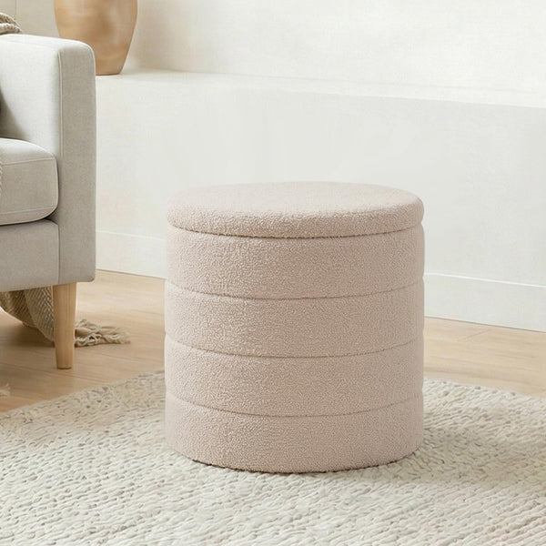 Round Ottoman with Storage, Boucle Ottoman Coffee Table, Foot Rest Footstool for Hallway, Living Room, Bedroom-Cream White
