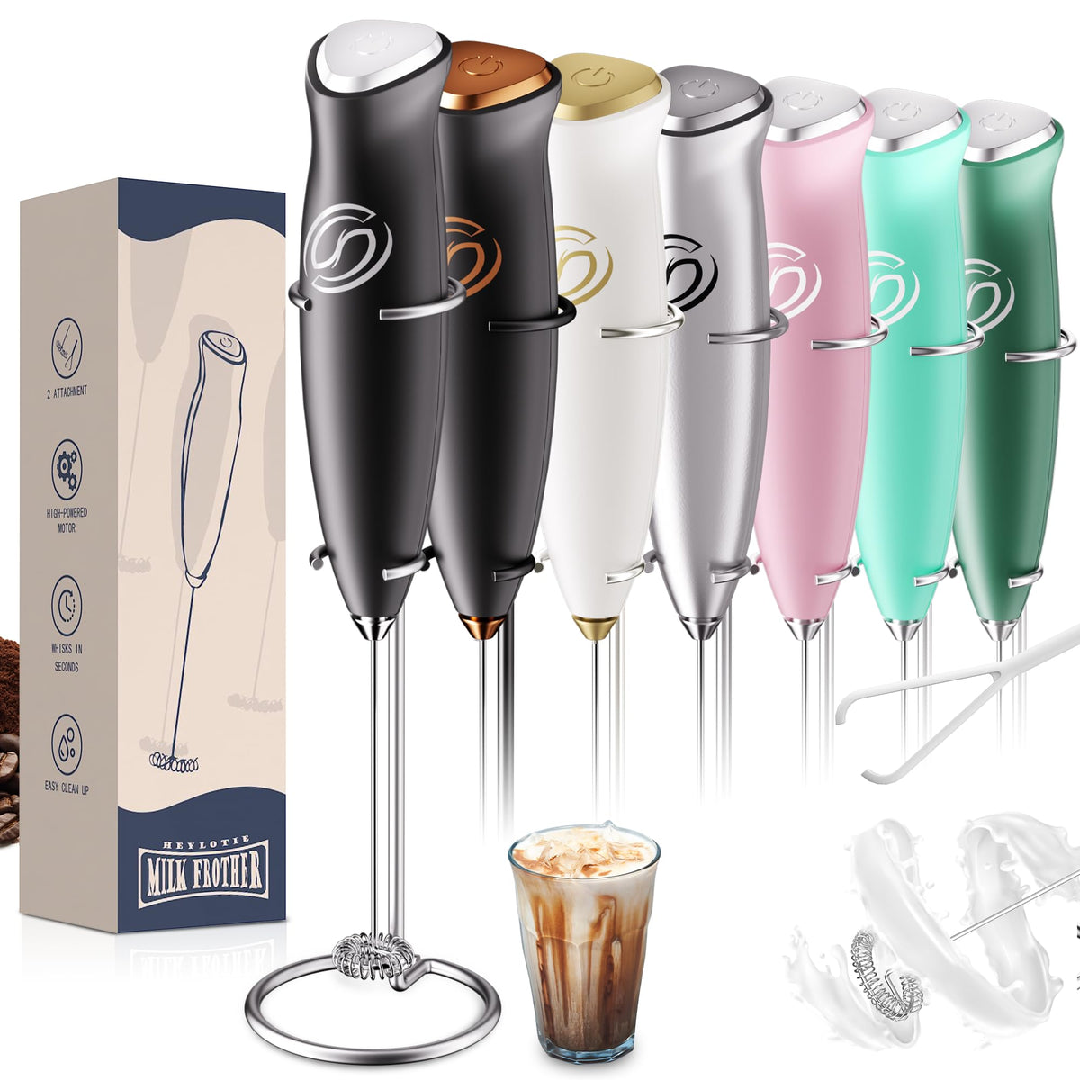 Milk Frother Wand Coffee Frother Handheld Drink Mixer Handheld with 2 Whisks Electric Whisk Stirrers Electric Milk Frother for Coffee Mixer Wand Milk Foamer-Black