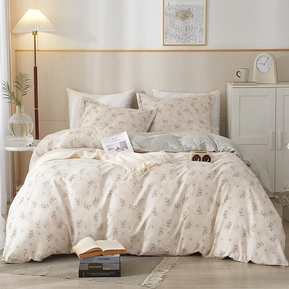HighBuy Jersey Knit Cotton Duvet Cover Queen Green Floral 100% T-Shirt Cotton Comfy Bedding Set Super Soft Garden Chic Comforter Cover Queen Size
