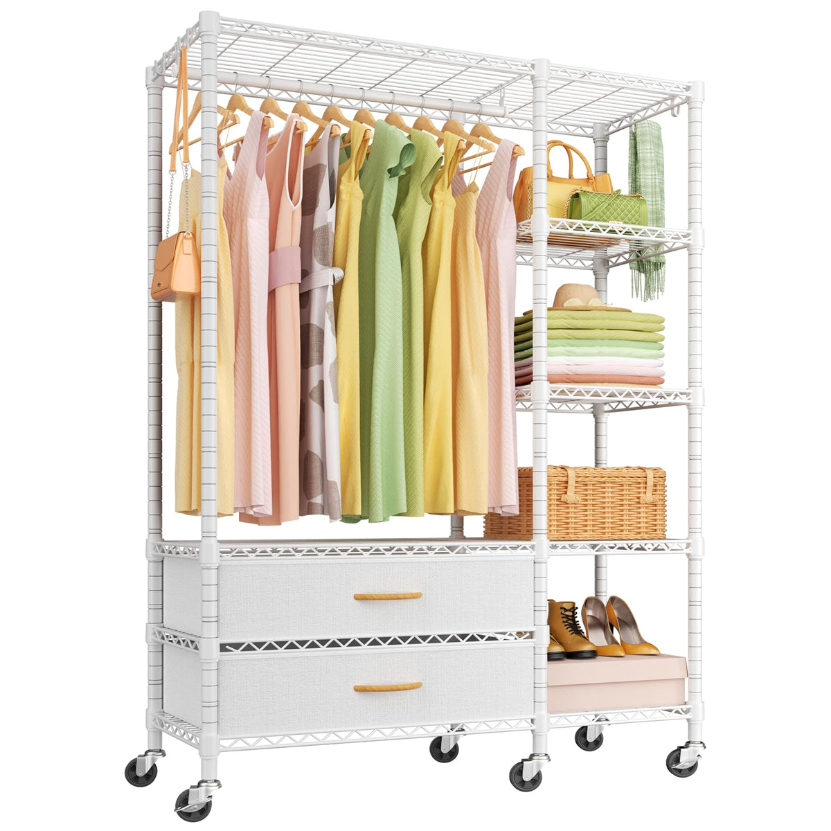 Ulif F3 Heavy Duty Clothes Rack（With Fabric Drawers）Freestanding Clothing Racks for Hanging Clothes，Adjustable Closet Organizer System，Portable Garment Rack 40" W x 15" D x 72" H，Max Load 700LBS，White