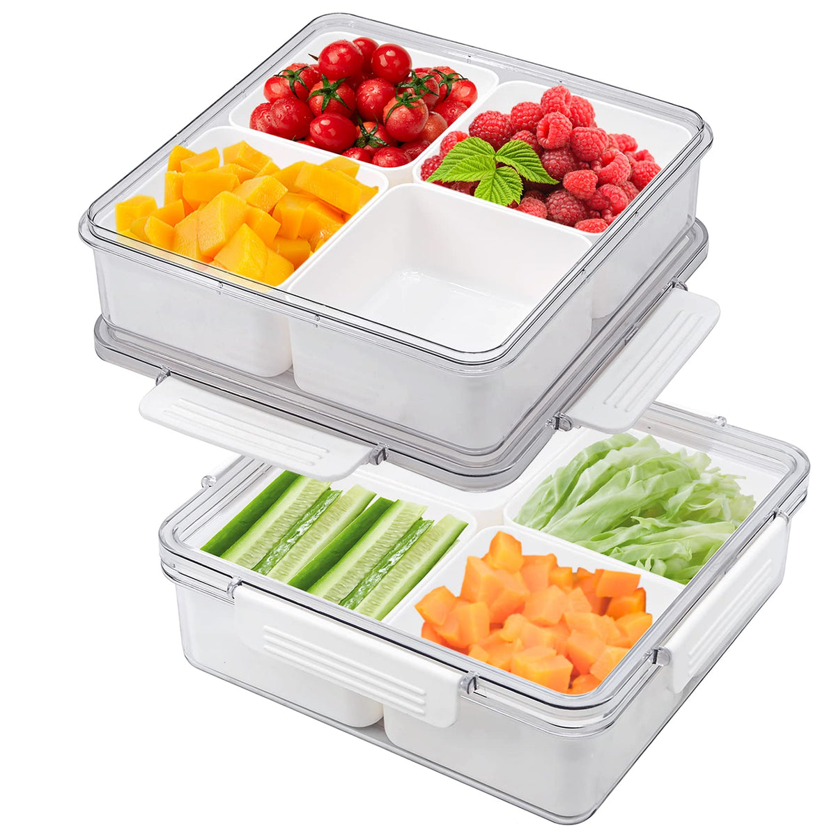 3Pack Snackle Box Divided Veggie Serving Tray with Lid Salad Keeper with 4 Removable Boxes Stackable Refrigerator Organizer Bins Produce Saver for Meal Prep Fruit Vegetable Lunch Meat