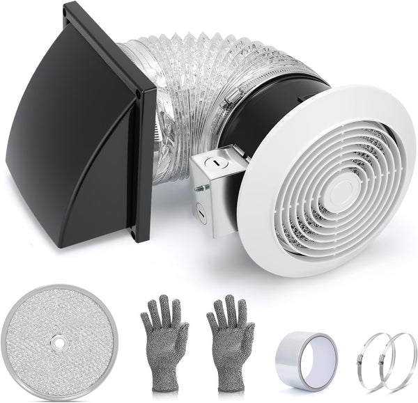 512M 6-Inch Through Wall Exhaust Fan, 80 CFM High Airflow & Quiet 4.0 Sones Operation – Bathroom Exhaust Fan & Wall Vent Fan | Retractable Duct for Efficient Venting with Aluminum Grease Filter