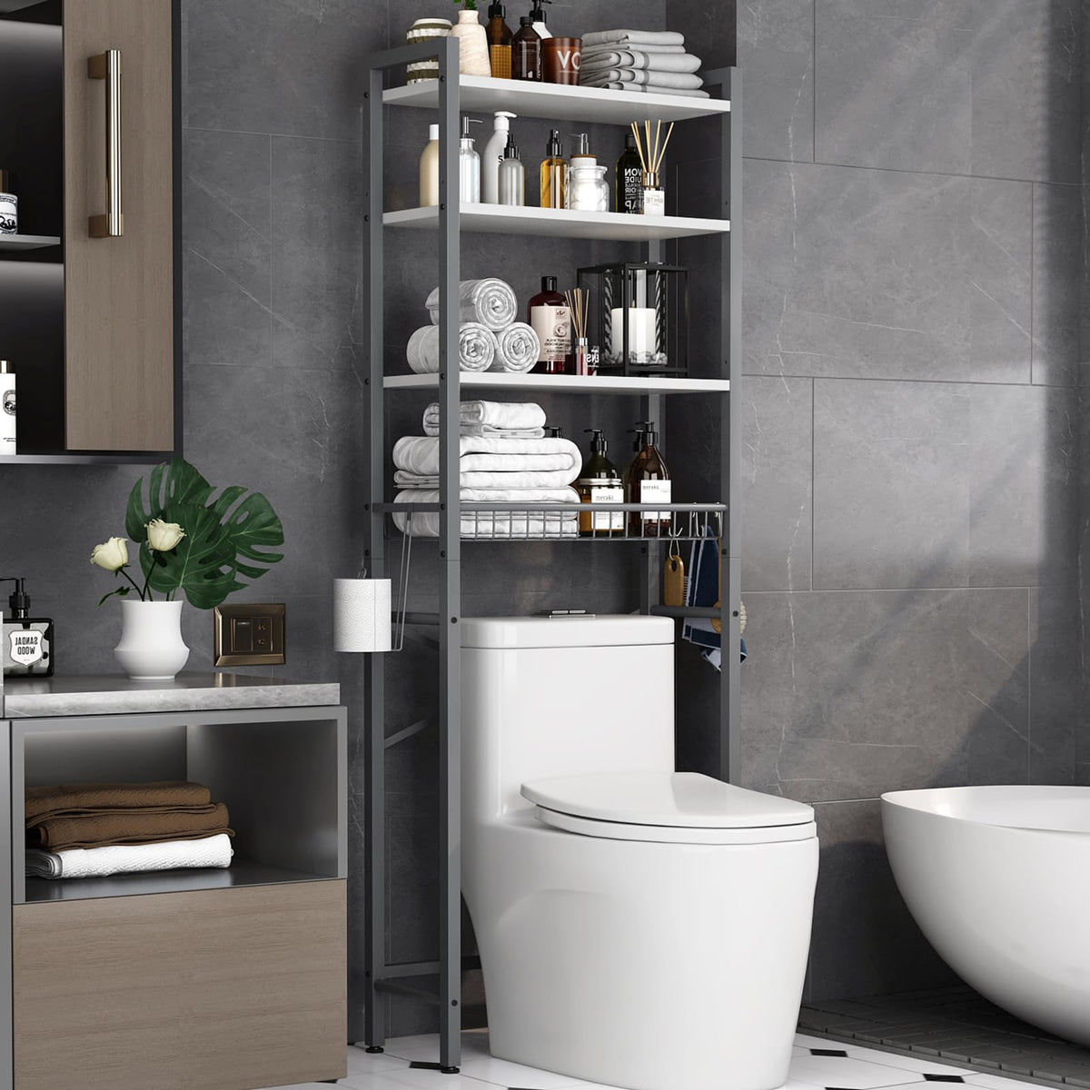 Kalrin Over-The-Toilet Storage Rack, 4-Tier Bathroom Organizer Shelf Over Toilet with Adjustable Shelf and Basket, Freestanding Space Saver Bathroom Shelves Above Toilet for Room(Green- Black)