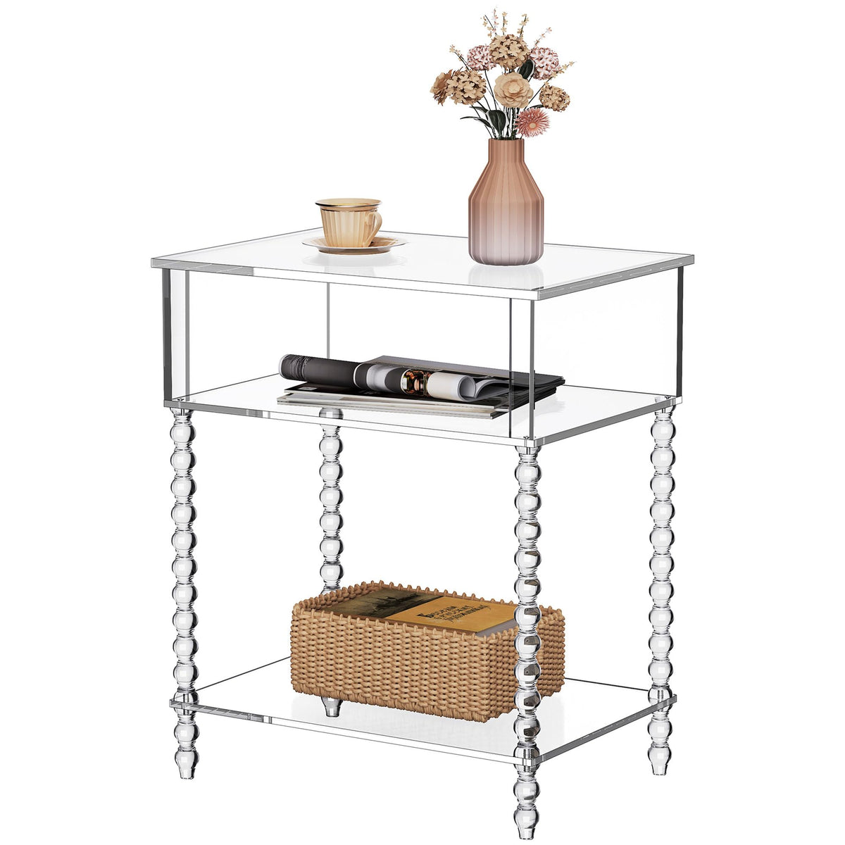 Acrylic Side Table, Clear 3-Tier End Table with Storage, Nightstand for Living Room, Bedroom, Office (Green, Large, Acrylic)