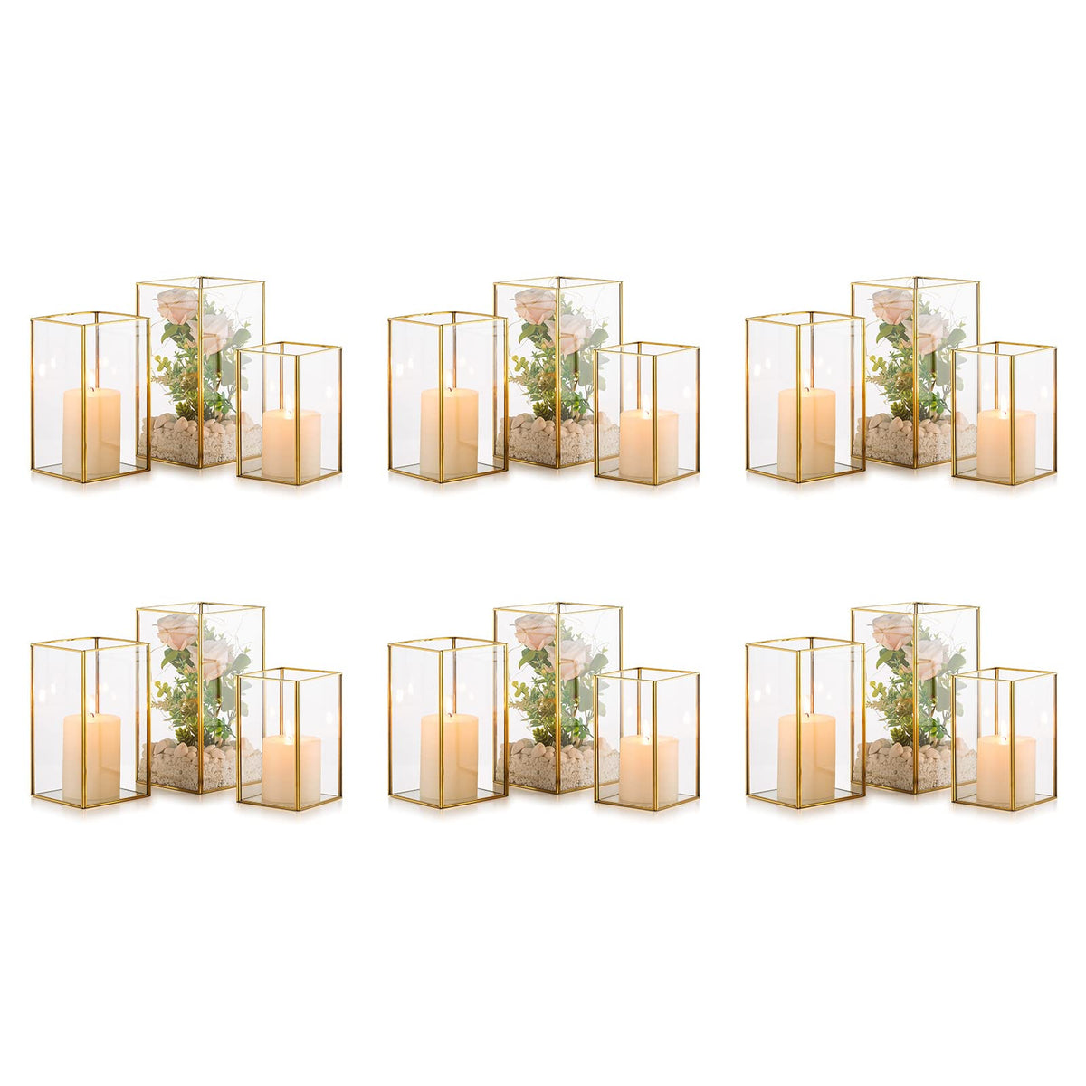 Nuptio Glass Hurricane Candle Holder Set of 18 Gold Pillar Candle Holders Large Rectangular Candleholder Table Centerpieces Decoration for Wedding Party Holiday Home Ornaments 9.5 & 8.1 & 6.5 inch