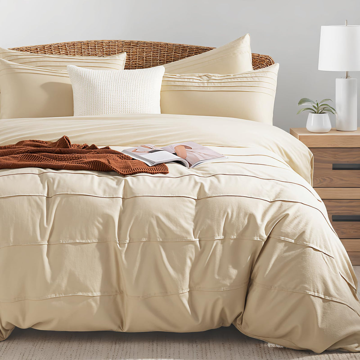 NEXHOME PRO Cotton Duvet Cover Queen Size White, Organic Natural Linen Feel 100% Washed Cotton 3 Pieces Bedding Set with Zipper Closure & Corner Ties, Breathable(No Comforter)