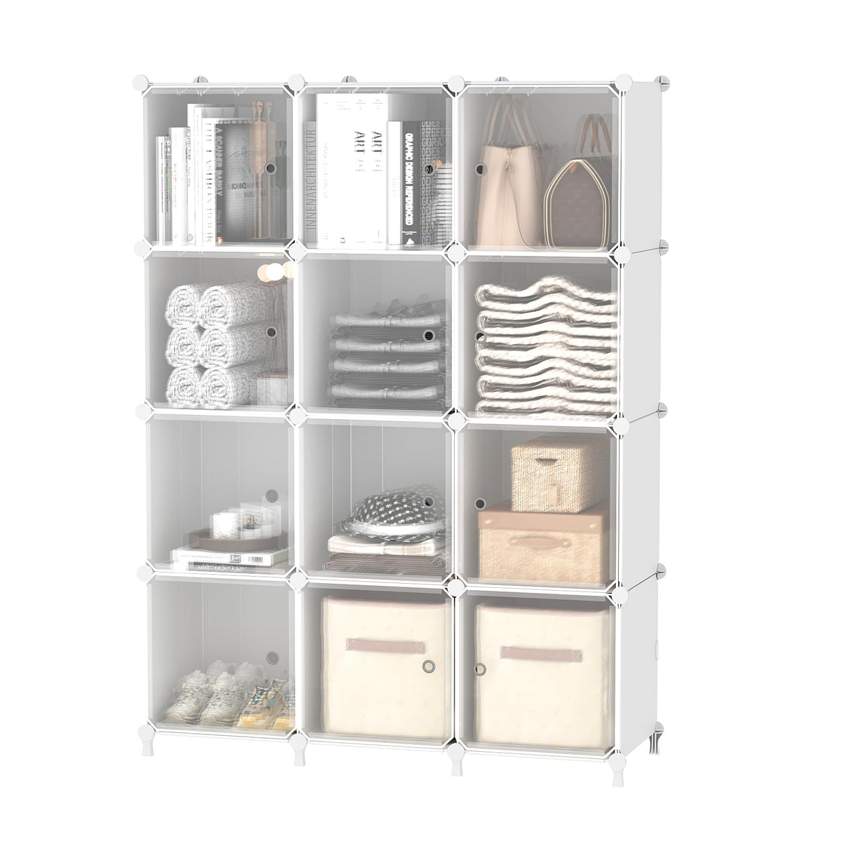 AWTATOS 12 Cube Storage Organizer with Doors, DIY Plastic Closet Shelf, Modular Bookshelf, Stackable Shelving Rack for Bedroom, Living Room, Translucent