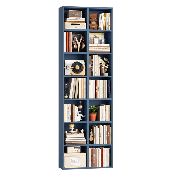 FOTOSOK 71'' Tall Bookshelf with 14 Cubes, 7 Tier Double Wide Bookshelf with 6 Adjustable Shelves, 19.6" Narrow Bookcase DVD/CD Media Storage Shelf, Space Saving Display Shelf Cabinet, Blue