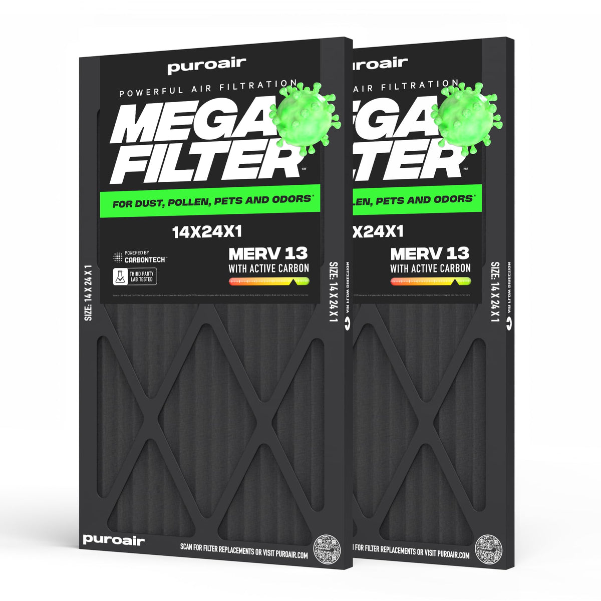 PuroAir Mega Filter - MERV 13 14x24x1 Air Filters For Home With Activated Carbon - Filters Allergens, Pet Dander, Smoke, Dust - Furnace and AC Filters - Air Filters 14x24x1 MERV 13 (2 Pack)