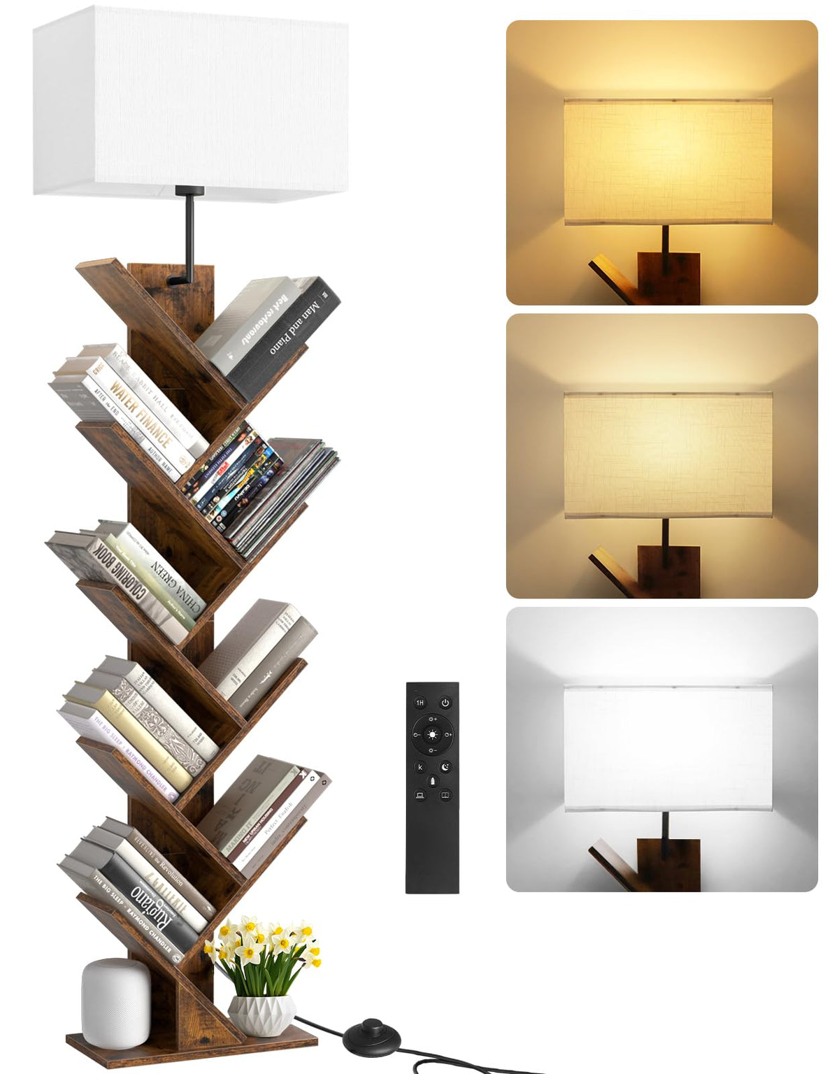 9 Tier Tree Bookshelf with Light & Remote, Tall Floor Standing Book Shelf, Narrow Wood Bookcase for Books/CDs, Small Book Organizer Shelves for Living Room, Bedroom, Office (Black)