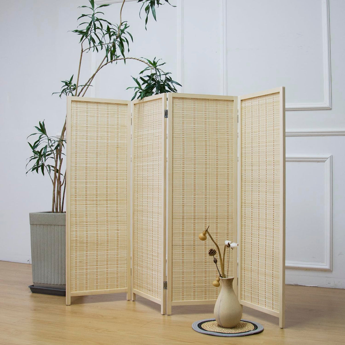Furnnylane 5 Panel Room Divider Short Folding Screen Divider,Double Sided Bamboo Panel Divider for Room Separation,Brown, 47.2 Inch Tall