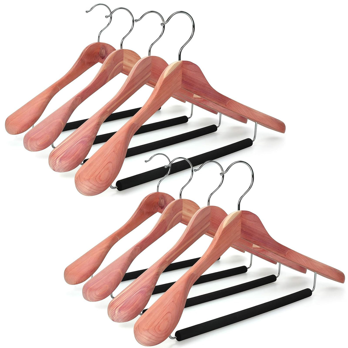 TOPIA HANGER Unfinished American Red Cedar Wood Coat Suit Hangers, Luxury Wooden Jacket Clothes Hangers, Wide Shoulder with Black Padded Pant Bar- 360°Flexible Hook, 6 Pack- Natural- CT07W-6
