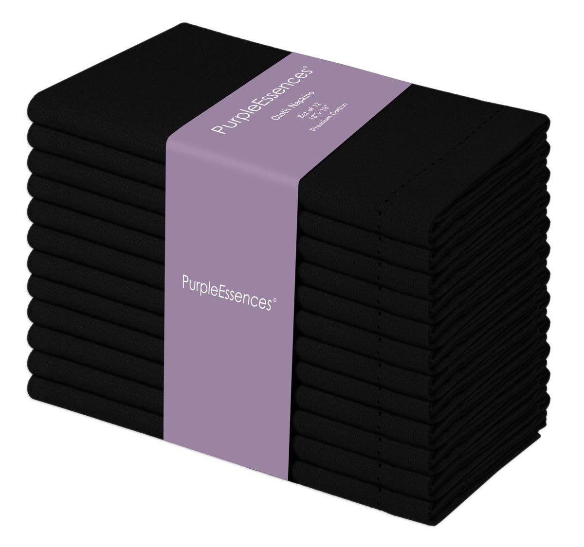 PurpleEssences Set of 12 Hemstitch Cloth Dinner Napkins 100% Cotton - Soft Durable Washable - Ideal for Events Wedding - Perfect Everyday Use Table Linen 45.7x45.7 cm (Black, 45.7 x 45.7 cm)
