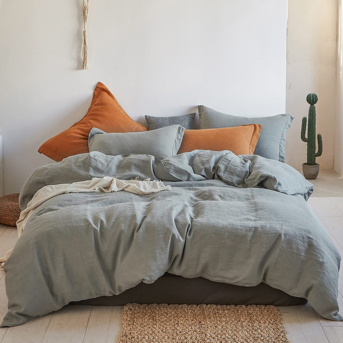 Simple&Opulence 100% Linen Duvet Cover Set 2pcs Stone Washed Natural Belgian Flax Basic Style Solid Color French Bedding with Button Closure (Twin, Dark Grey)