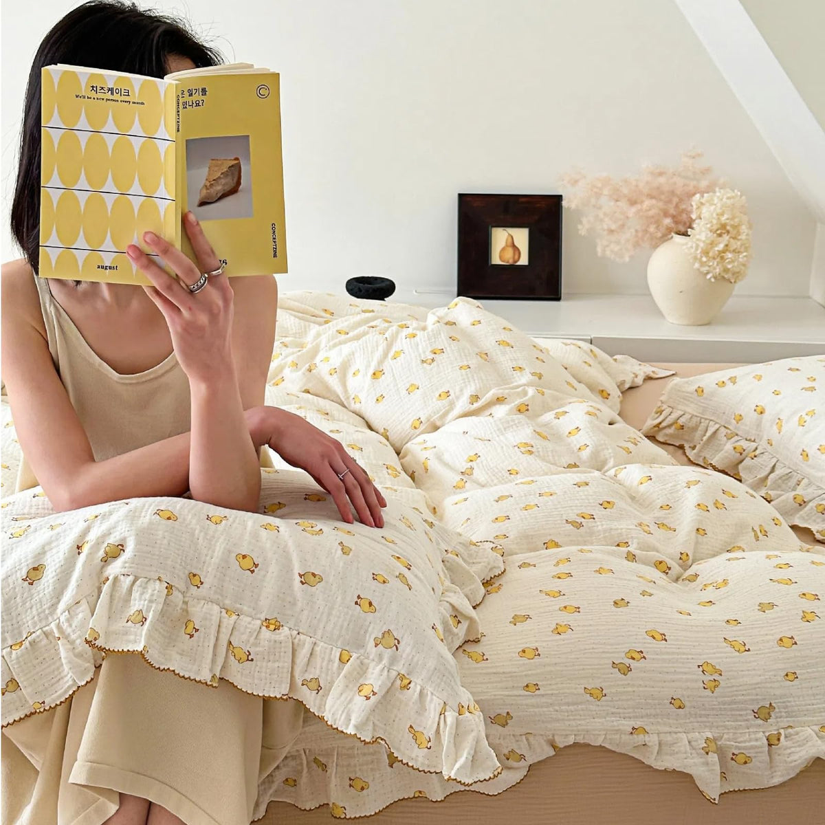 BuLuTu 2 Layers Muslin Cotton Duvet Cover for Full Bed, Chic Ruffles Tuberose Floral Pattern Comforter Cover Twin Children Bedding Quilt Covers, No Pillow Case, Zipper Cloruse, 4 Ties