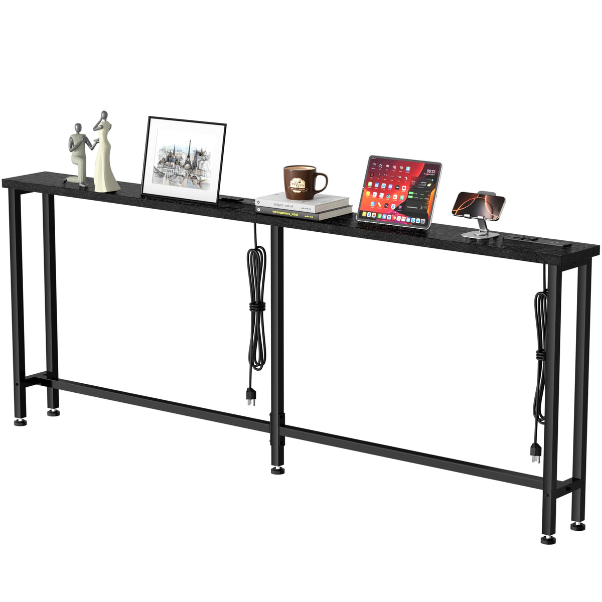 GRLEAF 102" Sofa Table with Built-in Power Strip (4 AC Outlets & 4 USB Ports) – 4.9ft Power Cord, Metal Frame, Easy Assembly, Long Couch Table Behind Sofa, Living Room and Home Office | Black