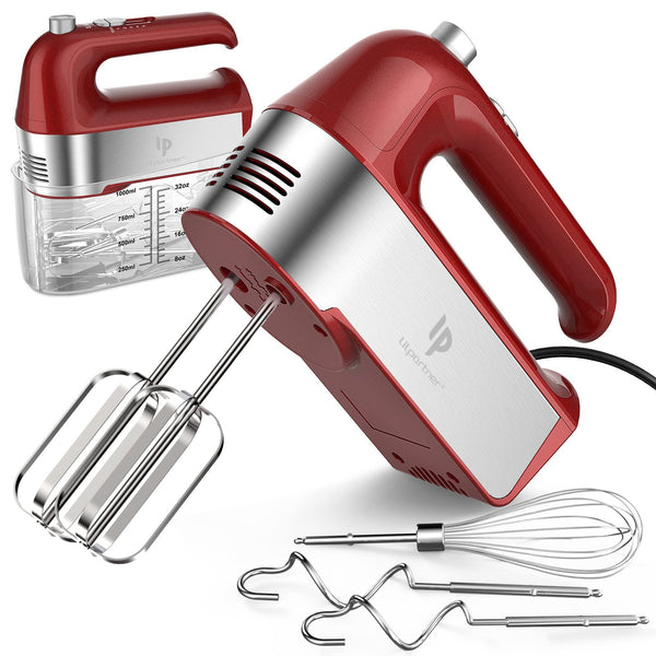 Hand Mixer Electric, 450W Kitchen Mixers with Scale Cup Storage Case, Turbo Boost/Self-Control Speed + 5 Speed + Eject Button + 5 Stainless Steel Accessories, For Easy Whipping Dough, Cream, White