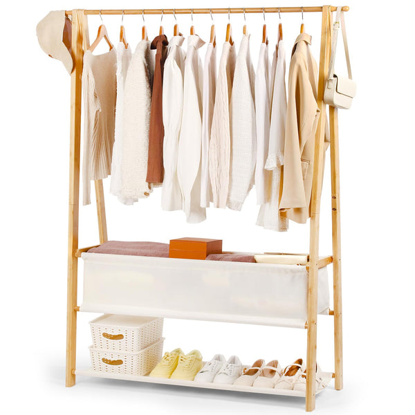 Bamboo Clothes Rack with Storage Box and Storage Shelf, Portable Extra Large Garment Rack Clothing Rack, Foldable Wardrobe For Entryway and Bed Room (L - 47.2 Inch)