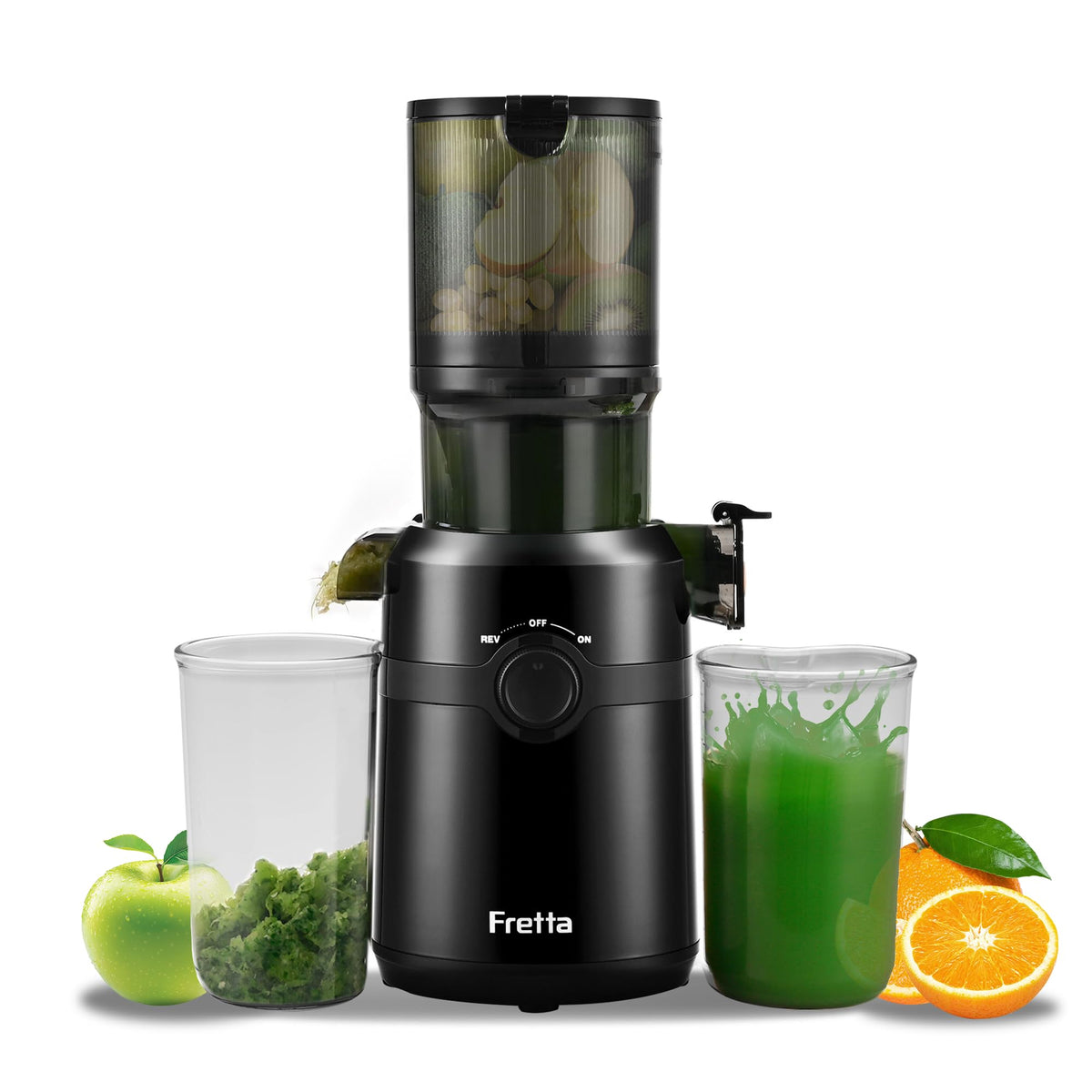 Fretta Nifty Cold Press Juicer Machines,Slow Masticating Juicer Machines with 1.1 L Large Feed Chute,Fit Whole Fruits & Vegetables Easy Clean Self Feeding,High Juice Yield,BPA Free (Ink-black)