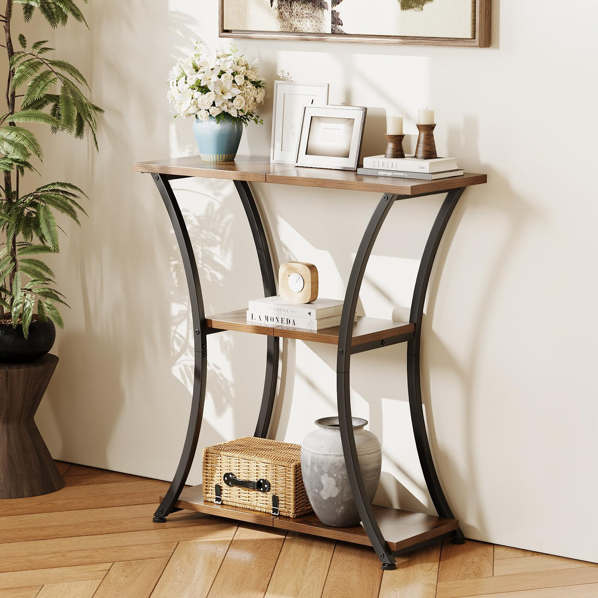 Trironsun Rustic 3-Tier Console Table with Open Shelves Narrow Entryway Table with Curved Metal Frame Slim Sofa Table for Hallway Living Room or Foyer (Rustic Brown)
