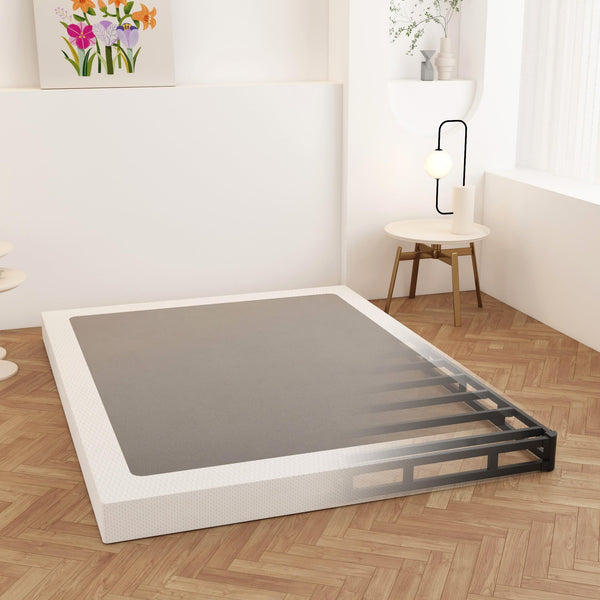 Maenizi Cal King Box Spring 4 Inch Low Profile, Heavy Duty Metal Box Spring Bed Base with Fabric Cover, Mattress Foundation, Easy Assembly, Noise Free, Black