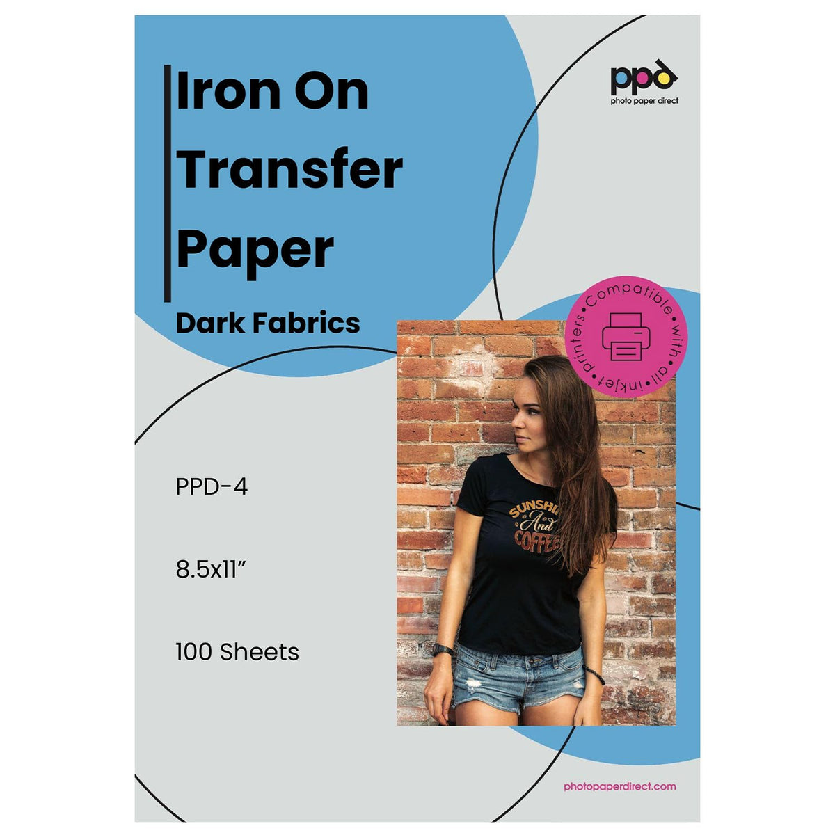 PPD Iron on Transfer Paper for Dark Fabric Compatible with Inkjet Printer, 8.5 x 11 Printable T Shirt Heat Transfer Papers, Custom Print Photo, Durable, Flexible & Machine Washable (100 Sheets)