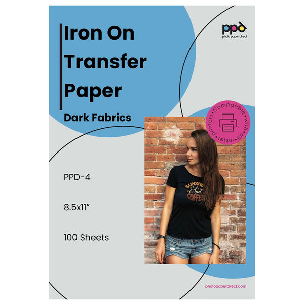PPD Iron on Transfer Paper for Dark Fabric Compatible with Inkjet Printer, 8.5 x 11 Printable T Shirt Heat Transfer Papers, Custom Print Photo, Durable, Flexible & Machine Washable (100 Sheets)