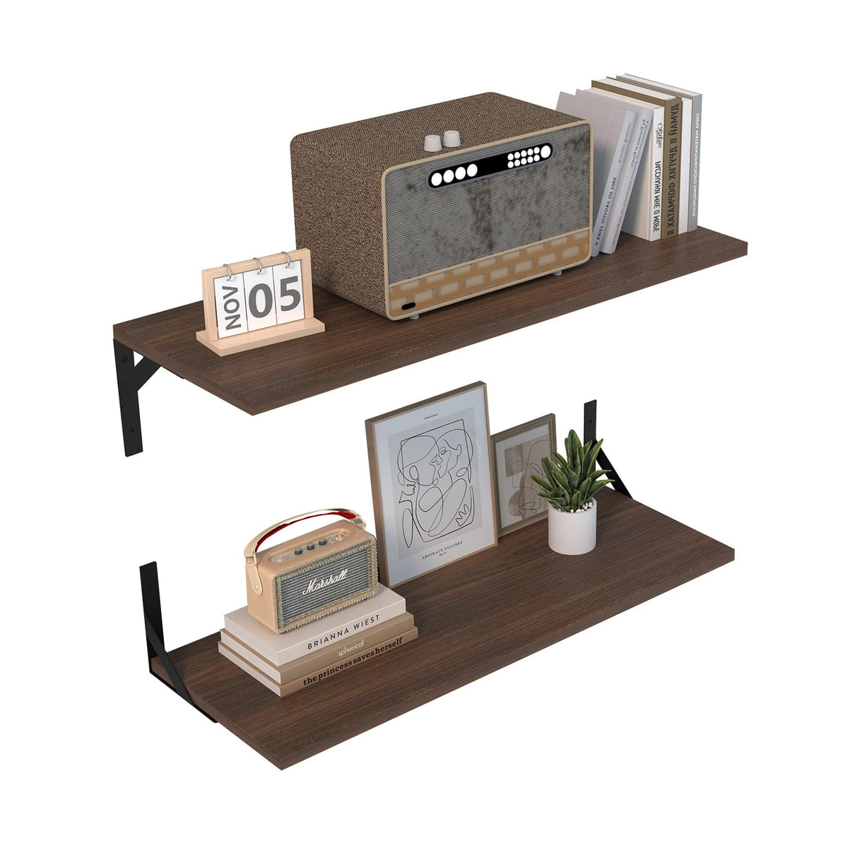 Deep Floating Shelves for Wall Set of 2, Wooden Shelves, 31.5" W x 12" D Long Book Shelf for Wall Storage, Floating Wood Shelves for Bedroom, Living Room, Office Rustic Brown
