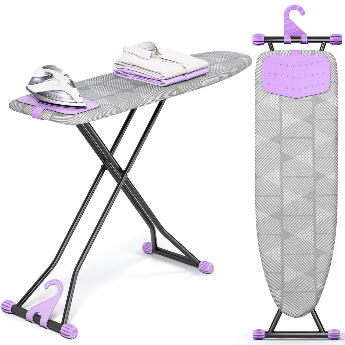 Ironing Board 13"X43", Compact Iron Board with Silicon Iron Mat, Heat Resistant Cover, 7 Height Adjustable, Foldable Ironing Board Wall Mount Hanger, Blue